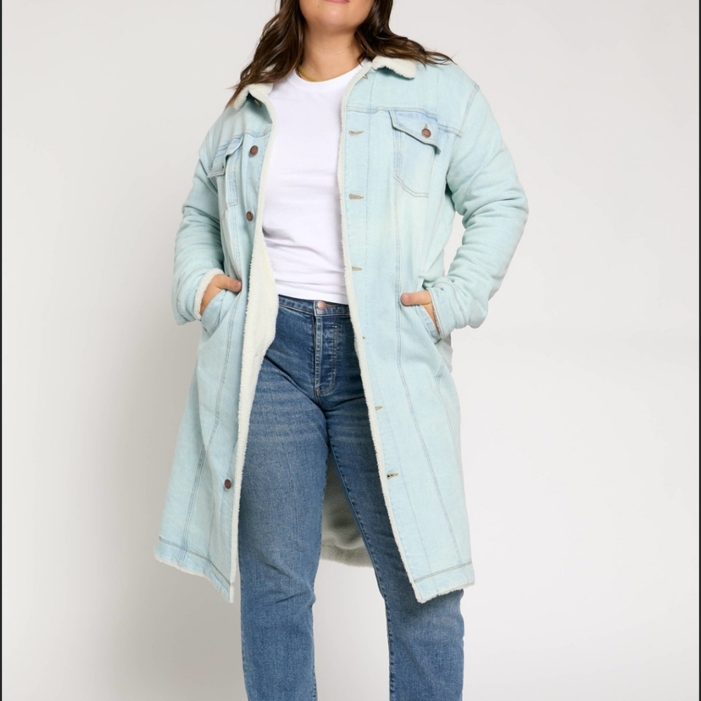 Light Blue Sherpa-Lined Long Jean Jacket